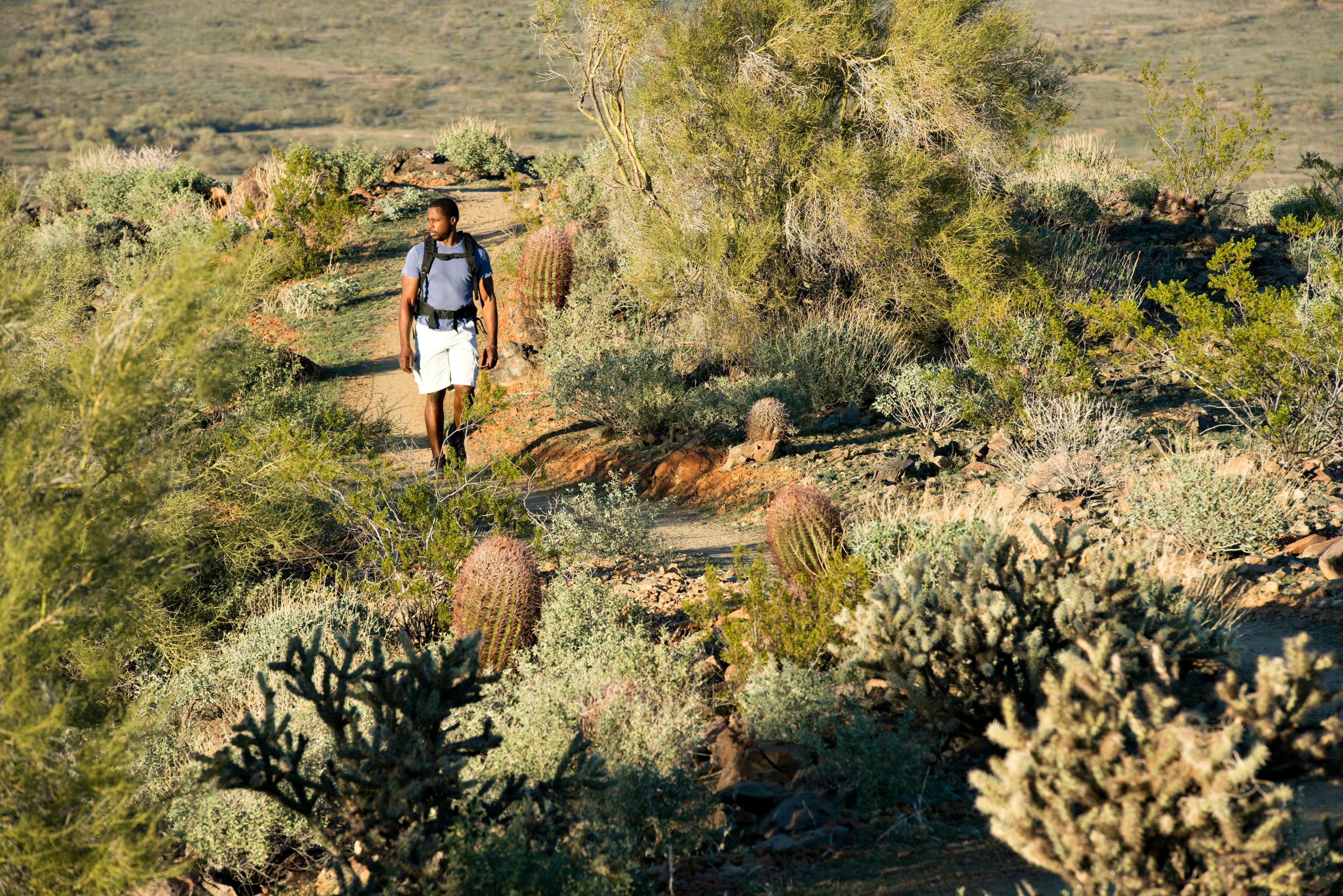 Young man hiking outdoors on a trail at Phoenix Sonoran Preserve in Phoenix, Arizona.